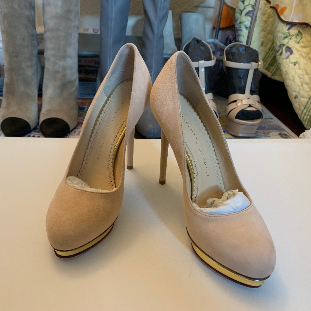 Charlotte Olympia Pink Suede Dotty Heels